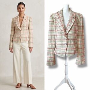NWOT St. John Collection Boucle Plaid Blazer Cream Coral Green Cruise 2005 CR05